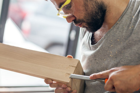 A dark-haired man with a beard and protective green glasses treating a wooden product with a chisel...