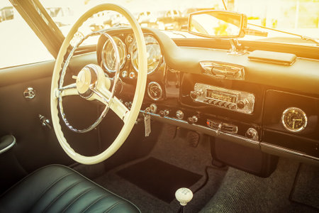 Novosibirsk, Russia - June 16, 2017: Mercedes-Benz 190 sl, close-up of the dashboard and  salon. Photography of a classic car on a street in Novosibirsk.のeditorial素材