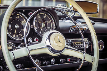 Novosibirsk, Russia - June 16, 2017: Mercedes-Benz 190 sl, close-up of the steering wheel, dashboard. Photography of a classic car on a street in Novosibirskのeditorial素材