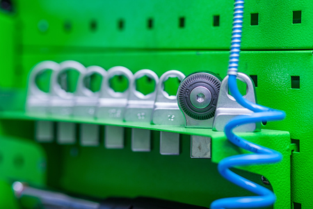 close-up metal industrial sleigh for factory, green backgroundの写真素材