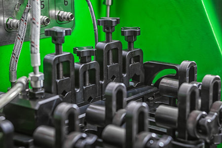 close-up metal industrial plant in the gear factory, industrial patterns, green background