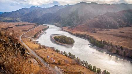 Autumn scenery of the Altai mountain Chemal region: high mountains, a mountain river Katun of...