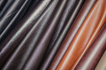 A close-up of multi-colored natural leather: black and different browns. Pattern made of genuine...