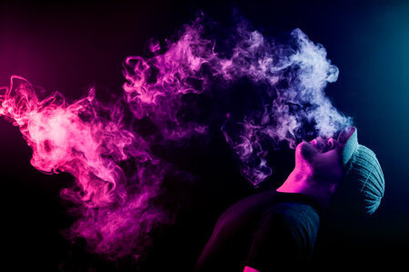 Vaping man holding a mod. A cloud of vapor. Black background. Vaping an electronic cigarette with a...