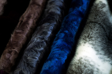 A close-up of a fur coat from natural mink fur of different colors: brown, black, blue and gray in one rowの写真素材