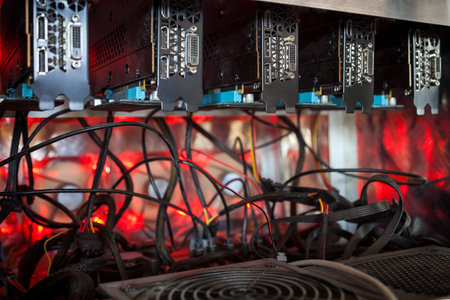 Close-up equipment for mining crypto-bitcoin, ether. Video cards, motherboards