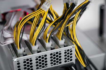 Close-up of cryptocurrency mining: cable, yelllow lights