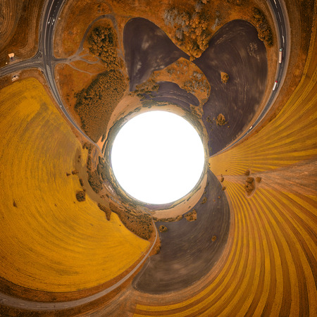 Helicopter drone shot. Aerial photography of a  autumn field, roan and forest. Panoramic city 360  shot from aboveの写真素材