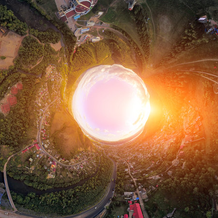 Helicopter drone shot. Aerial photography of a modern city over an area, a large crossroads,...