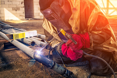 A strong man is a welder in brown uniform, welding mask and welders leathers, a metal product is...