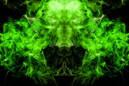 Thick colorful green smoke  in the form of a skull, monster, dragon on a black isolated background....