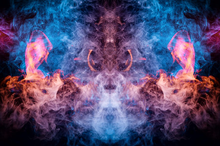 Fluffy Puffs red,  blue and pink smoke and Fog in the form of a skull, monster, dragon  on Black...
