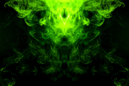 Green  and yellow cloud of smoke of  black isolated background in the form of a skull, monster, dragon on a black isolated background. Mocap for cool t-shirtsの写真素材