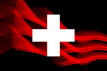 Switzerland national flag from neon glowing intersecting lines on black isolated backgroundの写真素材