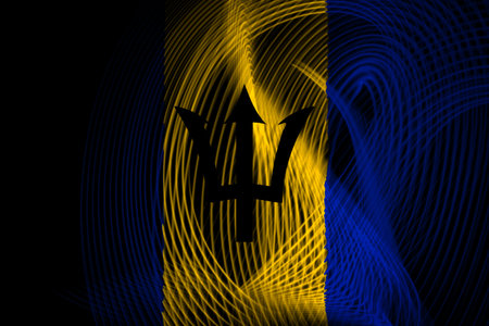 The national flag of Barbados on the background neon geometric stripes