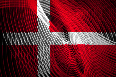The national flag of Denmark on the background neon geometric stripes