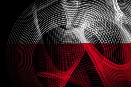 The national flag of Poland on the background neon geometric stripesの写真素材