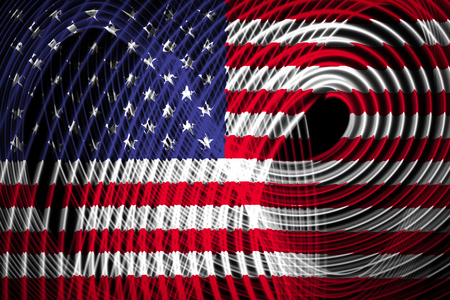 The national flag of USA on the background neon geometric stripesの写真素材