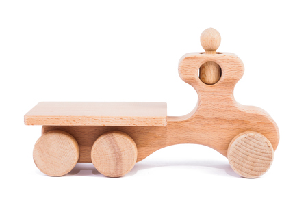 Photo of a wooden truck with a beech trailer on a white isolated backgroundの写真素材