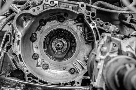 Close-up broken automatic transmission on an old car prepared for repair in a car repair shop