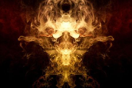 Mocap for cool t-shirts. Thick colorful yellow and orange smoke  in the form of a monster on a black...