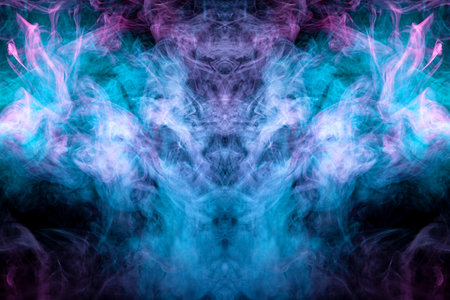 Thick colorful smoke of blue and pink  in the form of a skull, monster, dragon on a black isolated...