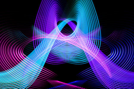 Abstract rainbow neon glowing crossing lines pattern. DarkÂ  background of colorful neon blue,...