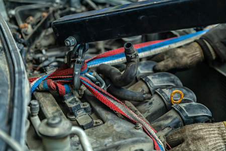Close-up of the installation of the motor on an old car using a pneumatic manual crane in the auto...