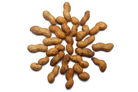 A collection of unrefined peanut nuts lie in the shape of a circle or sun on an isolated white...