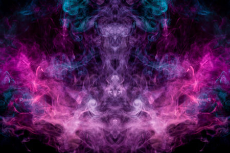 Pink and blue cloud of smoke of  black isolated background in the form of a skull, monster, dragon...