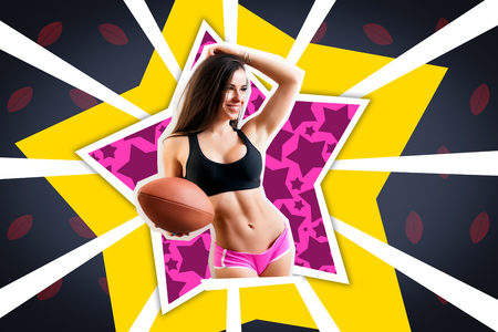 Beauty woman in sport clothes  holds a  rugby ball  on a blue-yellow background in the style of light-music and elements of a collage. Sports concept on the theme of comics and ?ontemporary art collage.の写真素材
