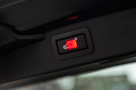 Novosibirsk, Russia - February 16, 2019:  BMW X5,close-up of the trunk release button. Photography of a modern car on a parking in Novosibirskのeditorial素材