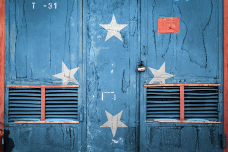 Closeup of an old warehouse gate with a national flag of the Federated States of Micronesia. The...
