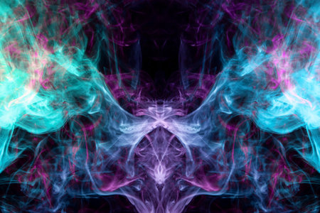 Fluffy Puffs  blue and pink smoke and Fog in the form of a skull, monster, dragon  on Black...