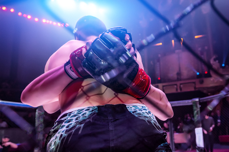 Close-up of the metal cage, in the background arena of the octagonal scene by the battle of two professional male athletes, in the background is the judge. Fights without rules according to MMA versionの写真素材