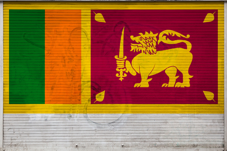 Close-up of old metal wall with national flag of Sri Lanka. Concept of Sri Lanka export-import, storage of goods and national delivery of goods. Flag in grunge styleの写真素材