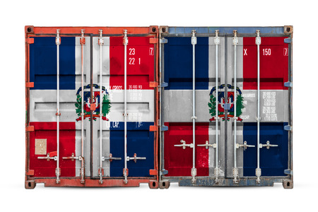 The concept of Dominicana export-import and national delivery of goods. Close-up of the container with the national flag of Dominicana on white isolated background.の写真素材
