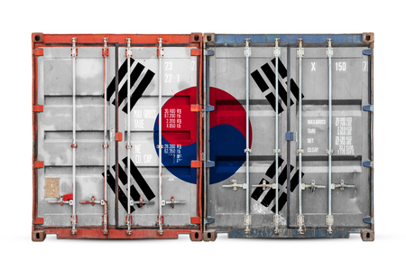 The concept of  South  Korea export-import and national delivery of goods. Close-up of the container with the national flag of  South  Korea  on white isolated background.の写真素材