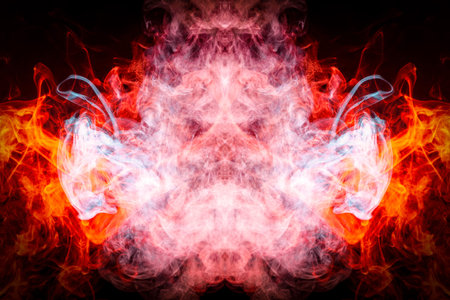 Mocap for cool t-shirts. Thick colorful red and blue smoke  in the form of a monster on a black...