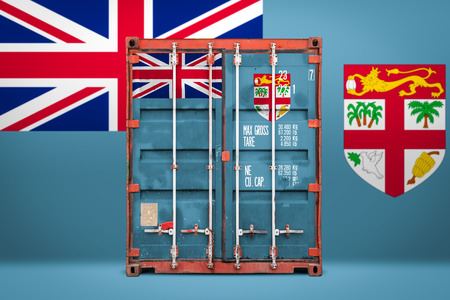 The concept of  Fiji export-import, container transporting and national delivery of goods. The transporting container with the national flag of Fiji, view frontの写真素材
