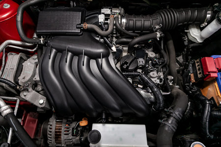 Close up detail of new car engine. Internal combustion engine, car parts, deteyling, Soft focus....