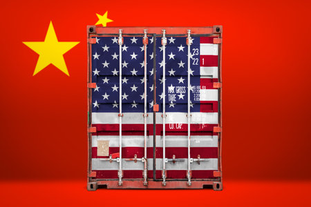 The concept of  USA and China export-import, container transporting and national delivery of goods. The transporting container with the national flag of USA and China, view front. Competition between countriesの写真素材