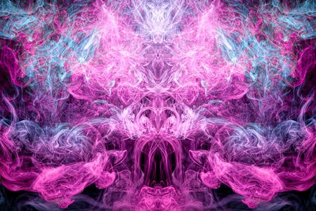 Cloud of blue and pink smoke  in the form of a skull, monster, dragon  on a black isolated background. Background from the smoke of vape. Mocap for cool t-shirtsの写真素材