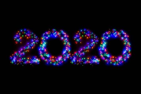 Arabic numerals 2020 from a multi-colored electric garland on a black isolated background. New year numbers. A wreath of colored light bulbs. Congratulations frame conceptの写真素材