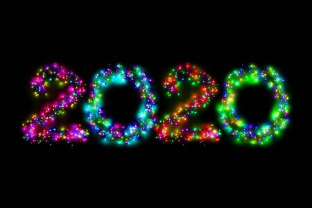 Arabic numerals 2020 from a multi-colored electric garland on a black isolated background. New year numbers. A wreath of colored light bulbs. Congratulations frame conceptの写真素材