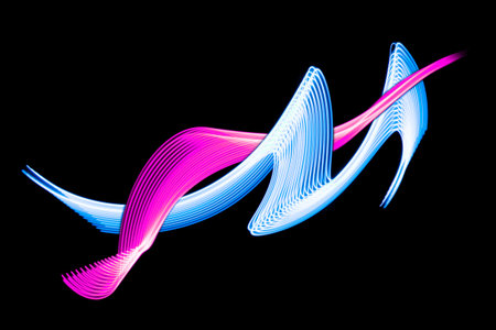Abstract background with horizontal and vertical disruptions of blue and pink stripes, flow lines....