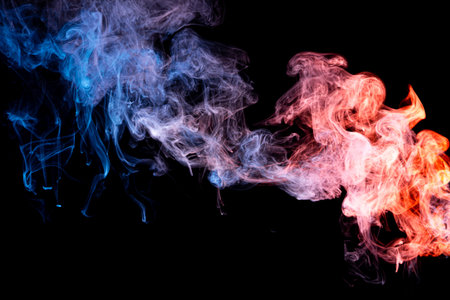 Background from the smoke of vape. Blue and red bomb smoke on black isolated  background