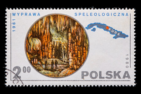 Novosibirsk, Russia - January 07, 2020: stamp  nature collection printed in Poland  shows speleology, underground caves in Cuba ,  a postage stamp circa 1980のeditorial素材
