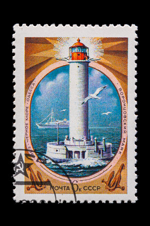 Novosibirsk, Russia - January 07, 2020: stamp  lighthouse collection printed in USSR  shows Vorontsov lighthouse on the Black Sea ,  a postage stamp circa 1982のeditorial素材