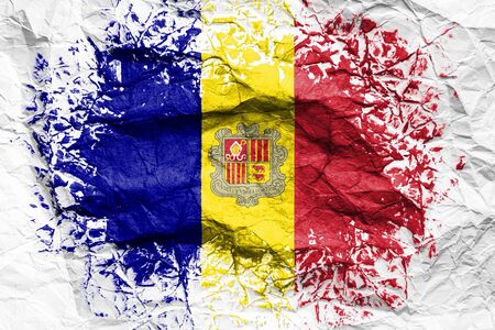 The national flag of the Andorra
is painted on crumpled paper. Flag printed on the sheet. Flag image for design on flyers, advertising.の写真素材